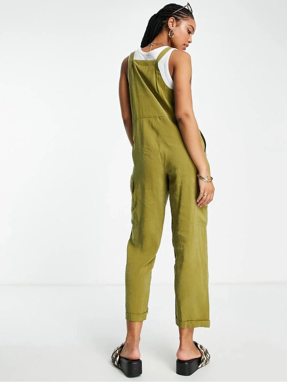 TopShop Olive Green Utility Cargo Lightweight Sleeveless Jumpsuit Sz 4 Boho